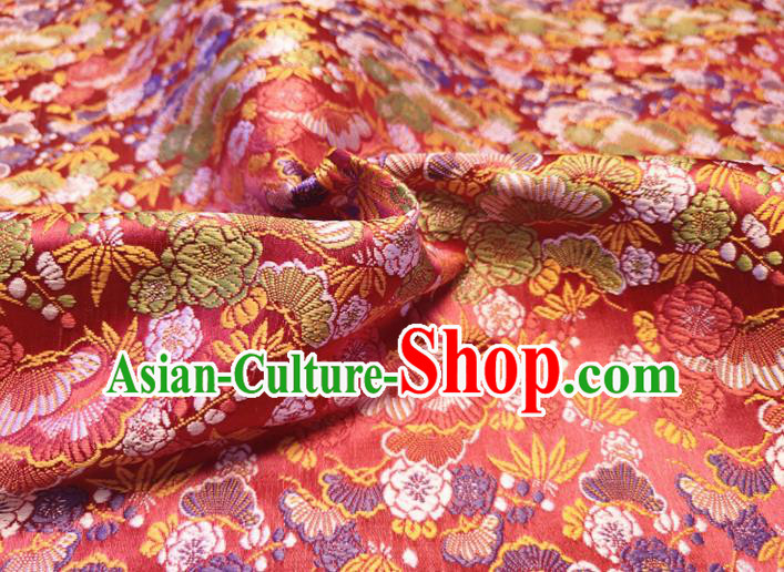 Asian Japan Traditional Bamboo Cockscomb Pattern Design Red Brocade Damask Fabric Kimono Satin Material