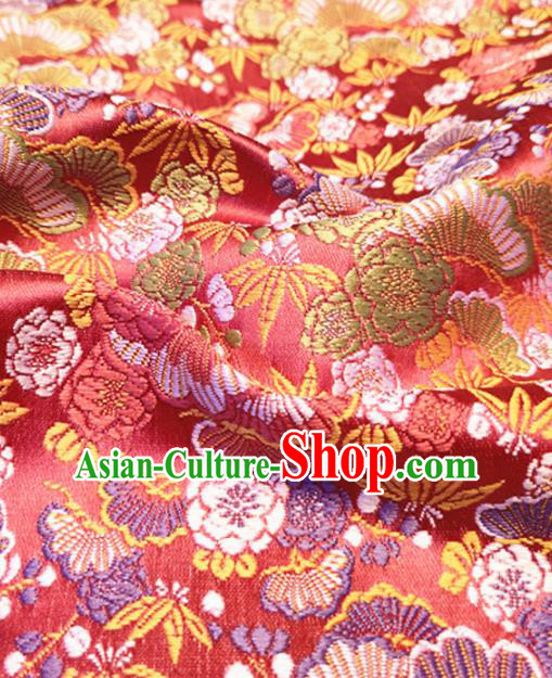 Asian Japan Traditional Bamboo Cockscomb Pattern Design Red Brocade Damask Fabric Kimono Satin Material