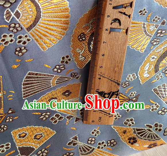 Asian Japan Traditional Folding Fan Pattern Design Blue Brocade Damask Fabric Kimono Satin Material Asian Japan Traditional Folding Fan Pattern Design Blue Brocade Damask Fabric Kimono Satin Material