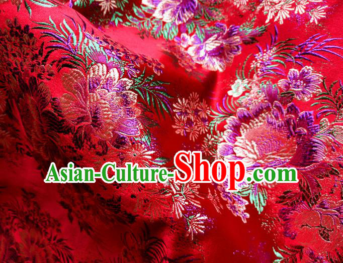 Asian Chinese Traditional Peony Pattern Design Red Brocade Cheongsam Fabric Silk Material Asian Chinese Traditional Peony Pattern Design Red Brocade Cheongsam Fabric Silk Material