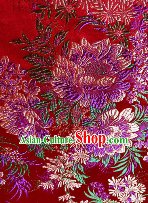 Asian Chinese Traditional Peony Pattern Design Red Brocade Cheongsam Fabric Silk Material Asian Chinese Traditional Peony Pattern Design Red Brocade Cheongsam Fabric Silk Material