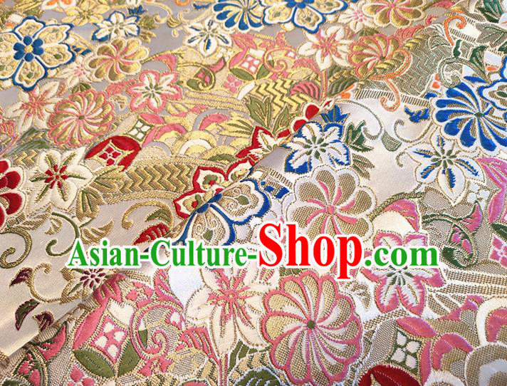 Asian Japan Traditional Sakura Daisy Pattern Design Beige Brocade Damask Fabric Kimono Satin Material Asian Japan Traditional Sakura Daisy Pattern Design Beige Brocade Damask Fabric Kimono Satin Material