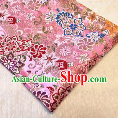 Asian Japan Traditional Sakura Daisy Pattern Design Pink Brocade Damask Fabric Kimono Satin Material