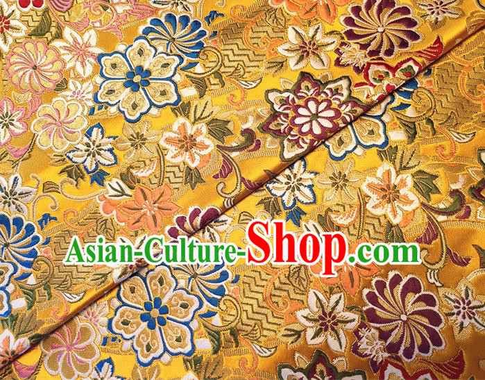 Asian Japan Traditional Sakura Daisy Pattern Design Golden Brocade Damask Fabric Kimono Satin Material Asian Japan Traditional Sakura Daisy Pattern Design Golden Brocade Damask Fabric Kimono Satin Material