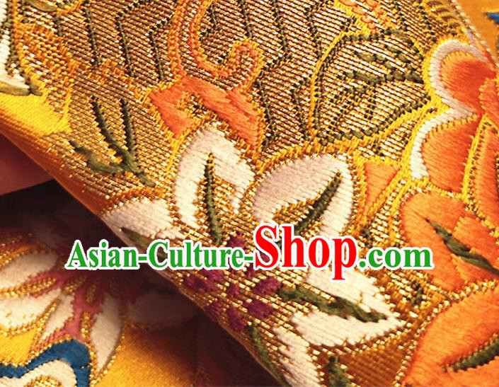 Asian Japan Traditional Sakura Daisy Pattern Design Golden Brocade Damask Fabric Kimono Satin Material Asian Japan Traditional Sakura Daisy Pattern Design Golden Brocade Damask Fabric Kimono Satin Material
