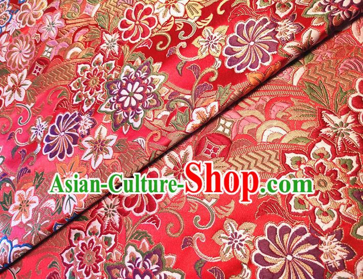 Asian Japan Traditional Sakura Daisy Pattern Design Red Brocade Damask Fabric Kimono Satin Material Asian Japan Traditional Sakura Daisy Pattern Design Red Brocade Damask Fabric Kimono Satin Material