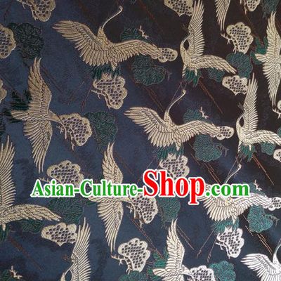Asian Japan Traditional Cranes Pattern Design Black Brocade Damask Fabric Japanese Kimono Satin Material