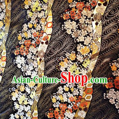 Asian Japan Traditional Cherry Blossom Pattern Design Black Brocade Damask Fabric Kimono Satin Material