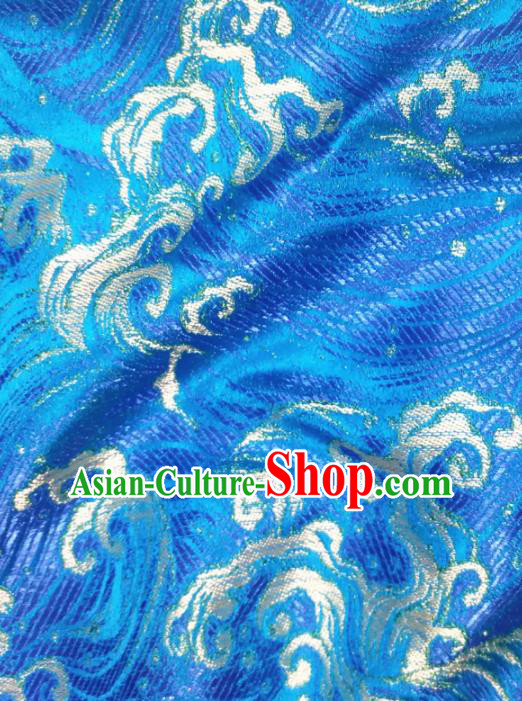 Asian Japan Traditional Wave Pattern Design Blue Brocade Damask Fabric Japanese Kimono Satin Material Asian Japan Traditional Wave Pattern Design Blue Brocade Damask Fabric Japanese Kimono Satin Material