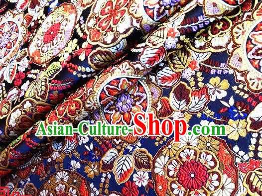 Asian Japan Traditional Flowers Pattern Design Navy Brocade Damask Fabric Japanese Kimono Satin Material Asian Japan Traditional Flowers Pattern Design Navy Brocade Damask Fabric Japanese Kimono Satin Material