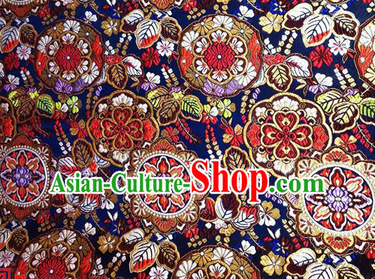 Asian Japan Traditional Flowers Pattern Design Navy Brocade Damask Fabric Japanese Kimono Satin Material Asian Japan Traditional Flowers Pattern Design Navy Brocade Damask Fabric Japanese Kimono Satin Material