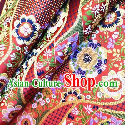 Asian Japan Traditional Flowers Pattern Design Red Brocade Damask Fabric Japanese Kimono Satin Material