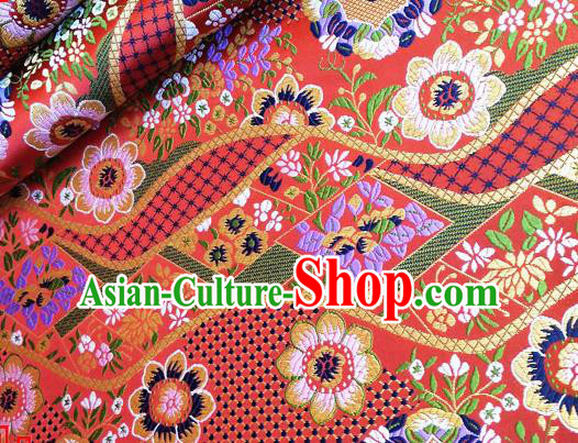 Asian Japan Traditional Flowers Pattern Design Red Brocade Damask Fabric Japanese Kimono Satin Material