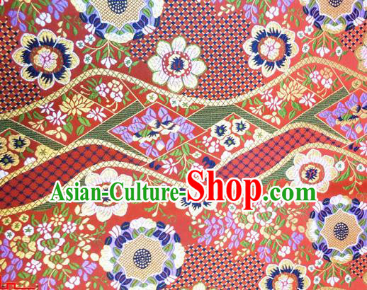 Asian Japan Traditional Flowers Pattern Design Red Brocade Damask Fabric Japanese Kimono Satin Material