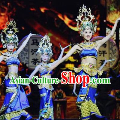 Chinese The Romantic Show of Lijiang Peacock Dance Blue Dress Stage Performance Costume and Headpiece for Women