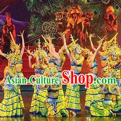 Chinese The Romantic Show of Lijiang Peacock Dance Yellow Dress Stage Performance Costume and Headpiece for Women