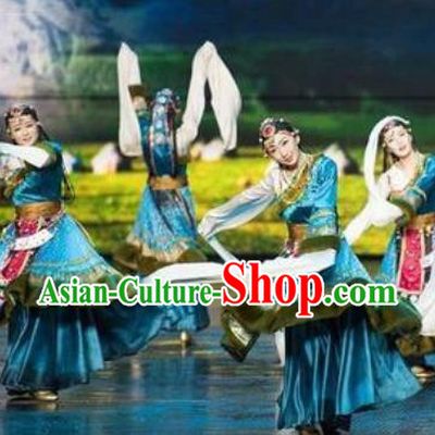 Chinese The Romantic Show of Lijiang Tibetan Dance Blue Dress Stage Performance Costume and Headpiece for Women