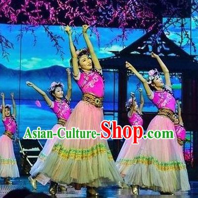 Chinese The Romantic Show of Lijiang Yi Nationality Dance Dress Stage Performance Costume and Headpiece for Women