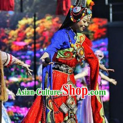Chinese The Romantic Show of Lijiang Zang Nationality Dance Dress Stage Performance Costume and Headpiece for Women
