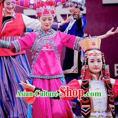 Chinese The Romantic Show of Lijiang Ethnic Nationality Dance Dress Stage Performance Costume and Headpiece for Women