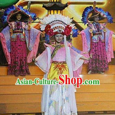 Chinese The Romantic Show of Lijiang Bai Ethnic Nationality Dance Dress Stage Performance Costume and Headpiece for Women