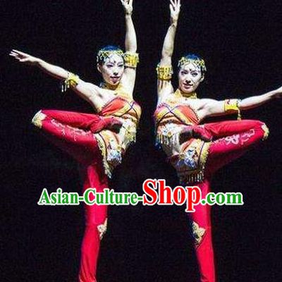 Chinese The Romantic Show of Sanya Red Dress Stage Performance Folk Dance Costume and Headpiece for Women