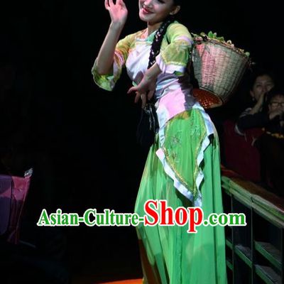 Chinese The Romantic Show of Songcheng West Lake Longjing Tea Dance Green Dress Stage Performance Costume for Women