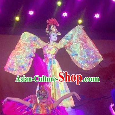 Chinese The Long Regret Tang Dynasty Court Concubine Dance Yellow Dress Stage Performance Costume and Headpiece for Women