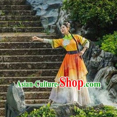 Chinese Love Song of Lijiang Classical Dance Orange Dress Stage Performance Ethnic Costume for Women