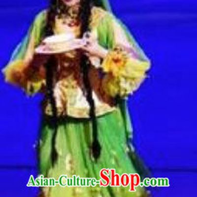Chinese Back to the Silk Road Uyghur Nationality Dance Green Dress Stage Performance Ethnic Costume for Women