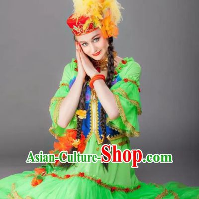 Chinese Back to the Silk Road Kazak Nationality Folk Dance Green Dress Stage Performance Ethnic Costume for Women
