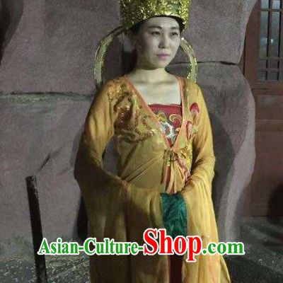 Chinese The Dream of Dongjing Song Dynasty Court Lady Dance Yellow Dress Stage Performance Costume and Hat for Women