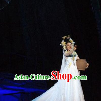 Chinese Chang E The Goddess of The Moon Dance White Dress Stage Performance Costume and Headpiece for Women