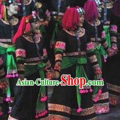 Chinese Dynamic Yunnan Yi Nationality Dance Black Dress Stage Performance Ethnic Costume for Women