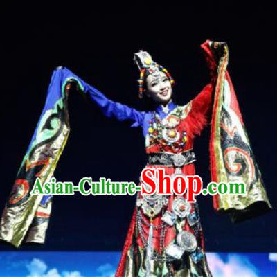 Chinese The Romantic Show of Jiuzhai Tibetan Nationality Dance Red Dress Stage Performance Costume and Headpiece for Women