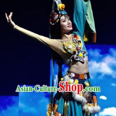 Chinese The Romantic Show of Jiuzhai Tibetan Nationality Dance Blue Dress Stage Performance Costume and Headpiece for Women