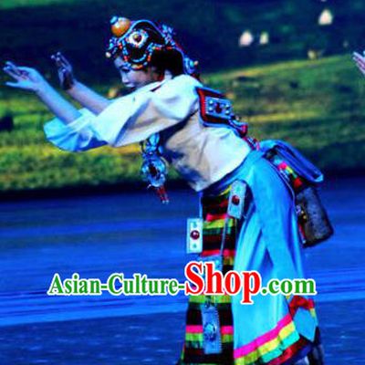 Chinese The Romantic Show of Jiuzhai Tibetan Nationality Dance Dress Stage Performance Costume and Headpiece for Women