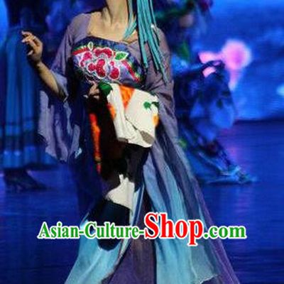 Chinese The Romantic Show of Jiuzhai Classical Dance Purple Dress Stage Performance Costume and Headpiece for Women