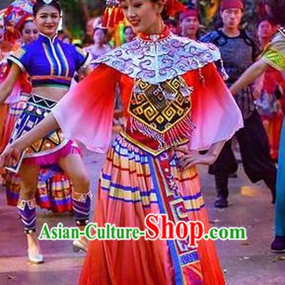 Chinese The Romantic Show of Guilin Zhuang Nationality Bride Red Dress Stage Performance Dance Costume for Women