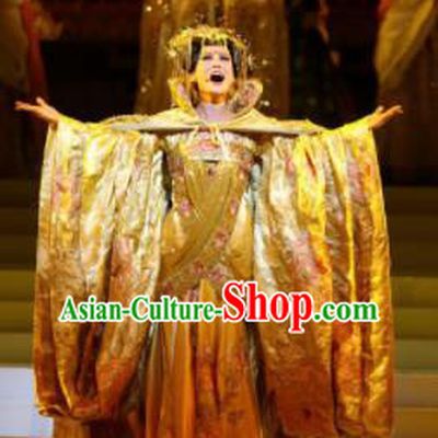 Chinese Princess Wencheng Ancient Drama Dance Golden Dress Stage Performance Costume and Headpiece for Women