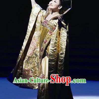 Chinese Princess Wencheng Ancient Drama Dance Golden Dress Stage Performance Costume and Headpiece for Women