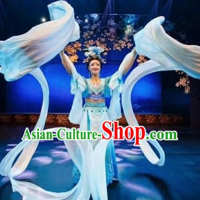 Chinese Chang An Impression Ancient Court Dance Blue Long Ribbon Dress Stage Performance Costume and Headpiece for Women
