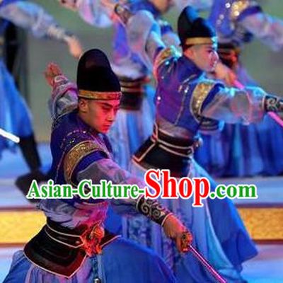Chinese Chang An Impression Ancient Tang Dynasty Swordsman Stage Performance Blue Costume for Men