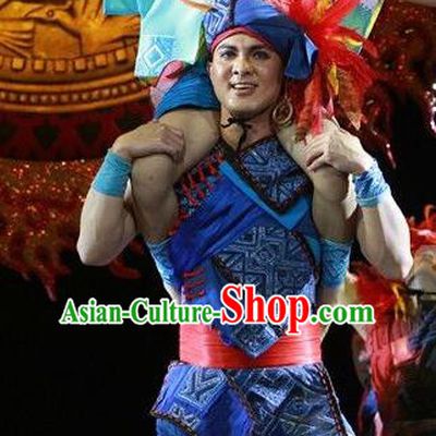 Chinese The Ship Legend of Huashan Zhuang Nationality Blue Clothing Stage Performance Dance Costume for Men