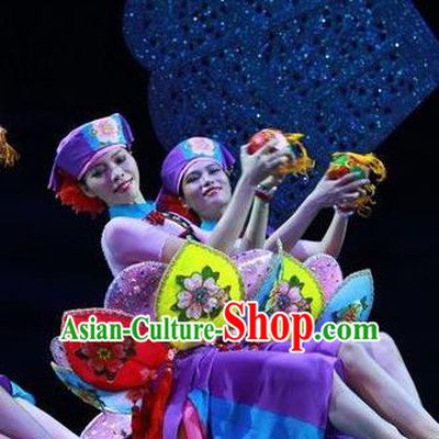 Chinese The Ship Legend of Huashan Zhuang Nationality Dance Purple Dress Stage Performance Costume and Headpiece for Women