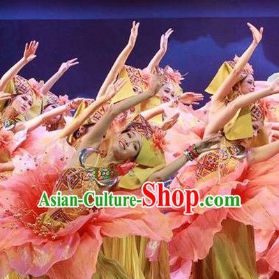 Chinese The Ship Legend of Huashan Zhuang Nationality Dance Pink Dress Stage Performance Costume and Headpiece for Women