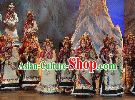 Chinese Impression Tibetan Zang Nationality Dance Dress Stage Performance Costume and Headpiece for Women Chinese Impression Tibetan Zang Nationality Dance Dress Stage Performance Costume and Headpiece for Women