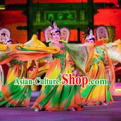 Chinese Chang An Impression Ancient Tang Dynasty Classical Dance Green Dress Stage Performance Costume and Headpiece for Women
