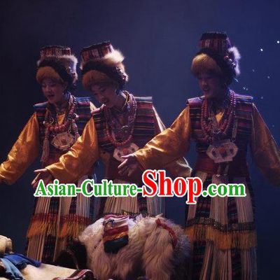 Chinese Impression Tibetan Zang Nationality Herdsman Dance Robe Stage Performance Costume and Headpiece for Women