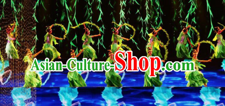 Chinese Back to Song Dynasty Classical Dance Green Dress Stage Performance Costume and Headpiece for Women Chinese Back to Song Dynasty Classical Dance Green Dress Stage Performance Costume and Headpiece for Women